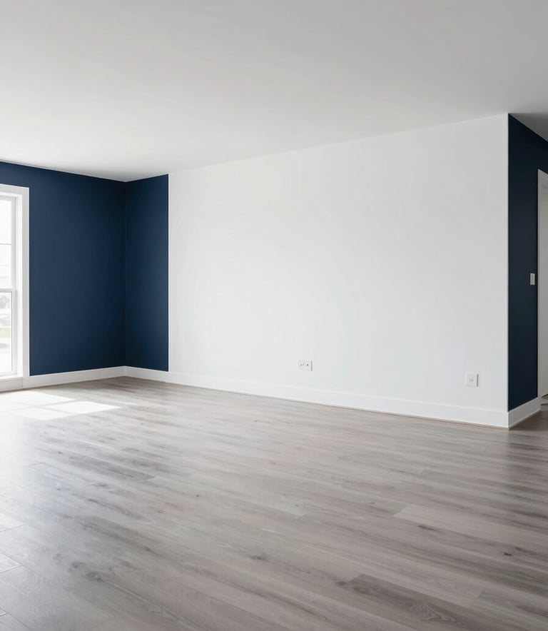 A wide-angle, bright photograph of a modern, minimalist living room in a Canadian home featuring pristine white drywall, dark blue accent elements, and light grey hardwood flooring. The space is empty and clean, showcasing high-quality workmanship.