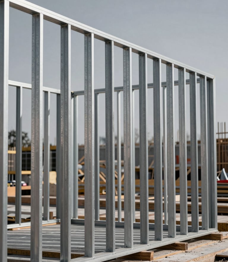 Detailed view of professional steel framing on a Canadian construction site, showing precise alignment and clean metal structures against a grey background, industrial minimalist style.