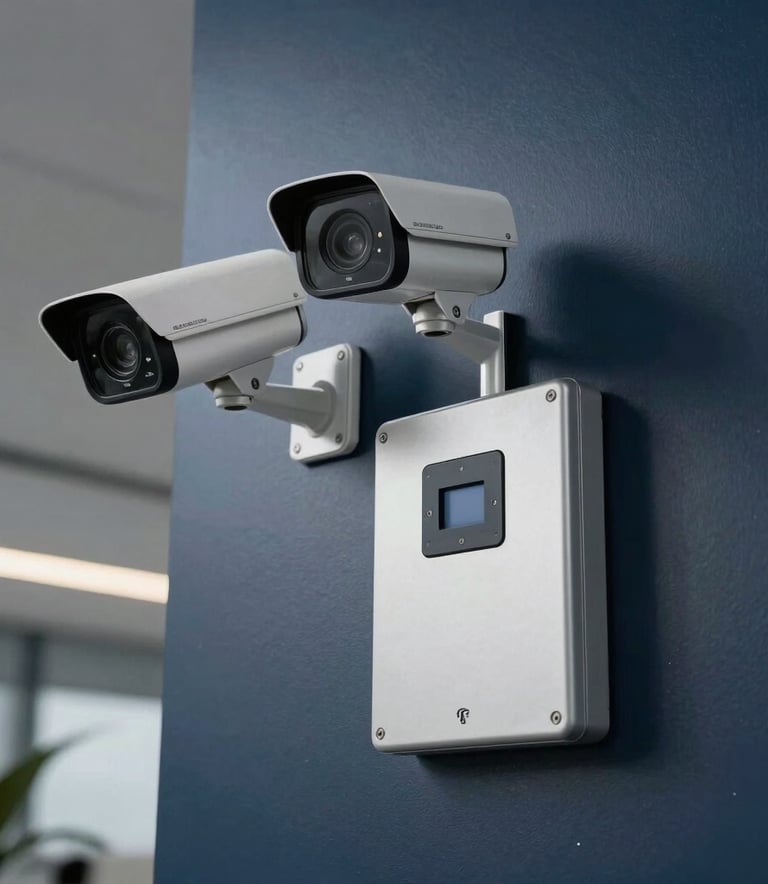 A high-definition security camera system and access control panel installed on the wall of a modern Latin American / Spanish office building, professional lighting, steel blue and dark navy tones.