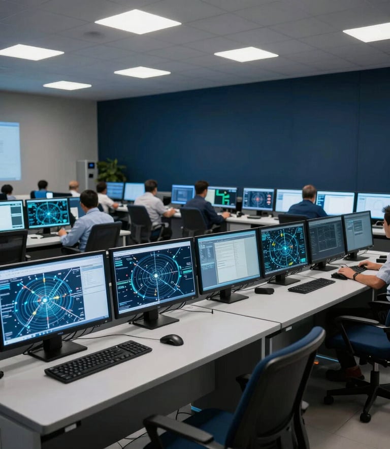 Wide shot of a high-tech telecommunications control center in Latin America, ergonomic desks with multiple monitors showing network maps, soft light-blue and dark-navy color scheme, professional and innovative atmosphere.