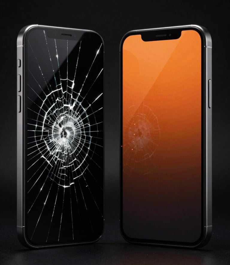 Studio shot on black seamless, two smartphones side by side: left phone with a shattered cracked screen under harsh strobe light showing spiderweb fractures, right phone with intact display and visible protective film layer catching orange directional side-light — extreme contrast, forensic product photography