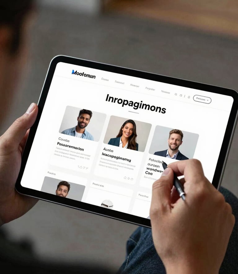 An over-the-shoulder shot of a person using a tablet to navigate a sleek, responsive website in a professional North American tech setting. The composition emphasizes a clean, user-centric interface and the high-performance feel of the technology.