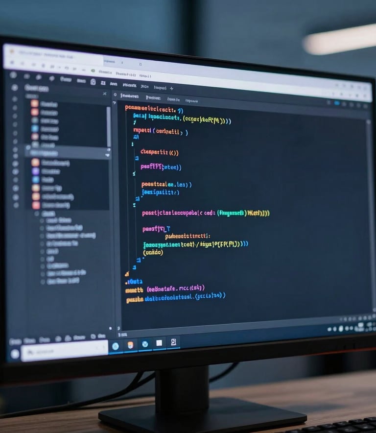 A close-up, sharp-focus photograph of a high-resolution computer monitor displaying clean, colorful lines of code in a dark mode editor. The background is a soft-focus North American office at dusk with muted blue and navy tones. Professional and technological atmosphere.