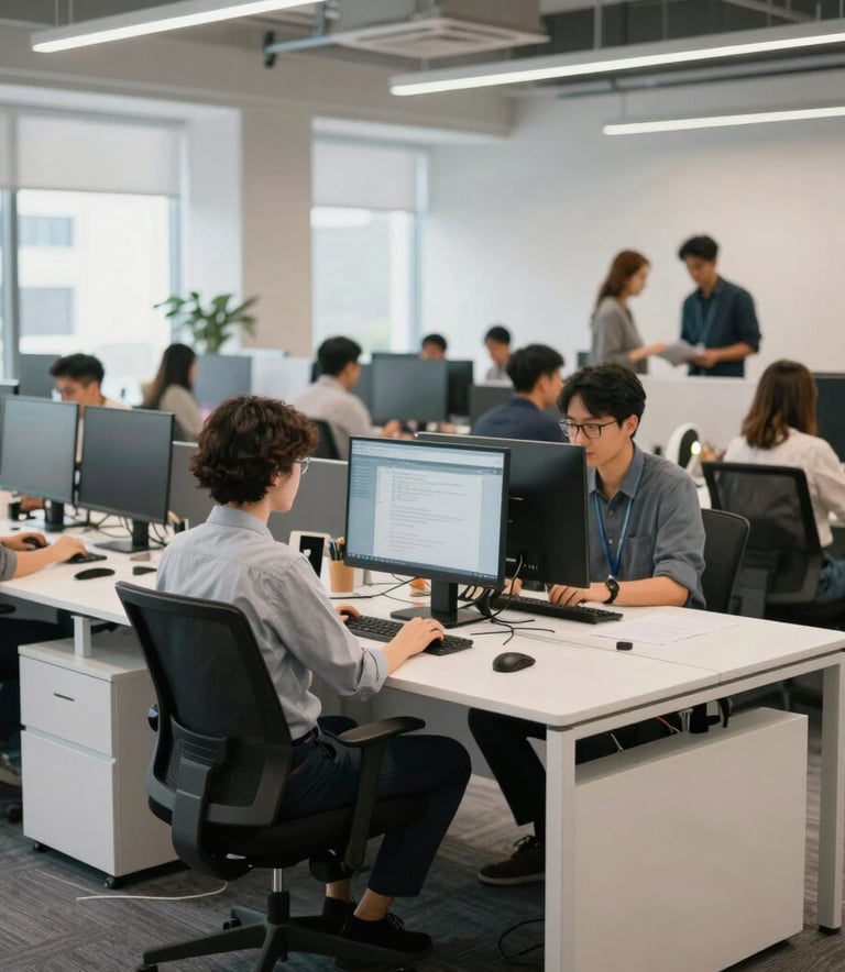 A professional wide-angle photograph of a collaborative workspace in a North American tech hub. Team members are subtly blurred in the background, with a clean off-white foreground desk and light blue design accents. Bright, natural lighting.