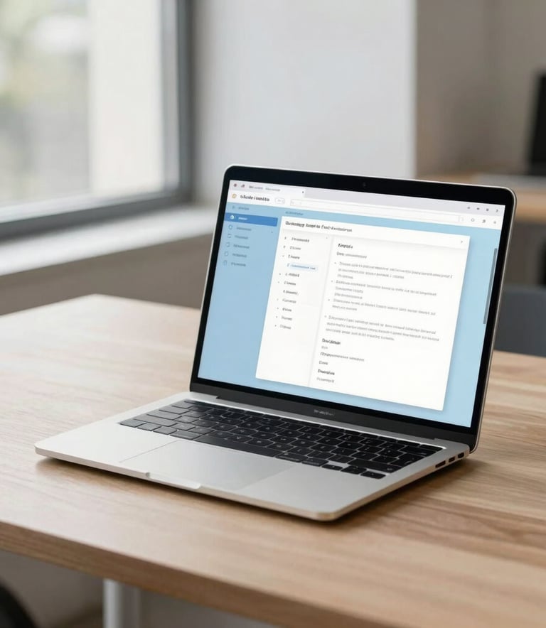 A minimalist, modern desk setup in a bright North American office. A thin bezel laptop sits on a light wood surface, displaying a clean and well-structured user interface design with light blue and off-white accents. Soft daylight filters in from a large window.