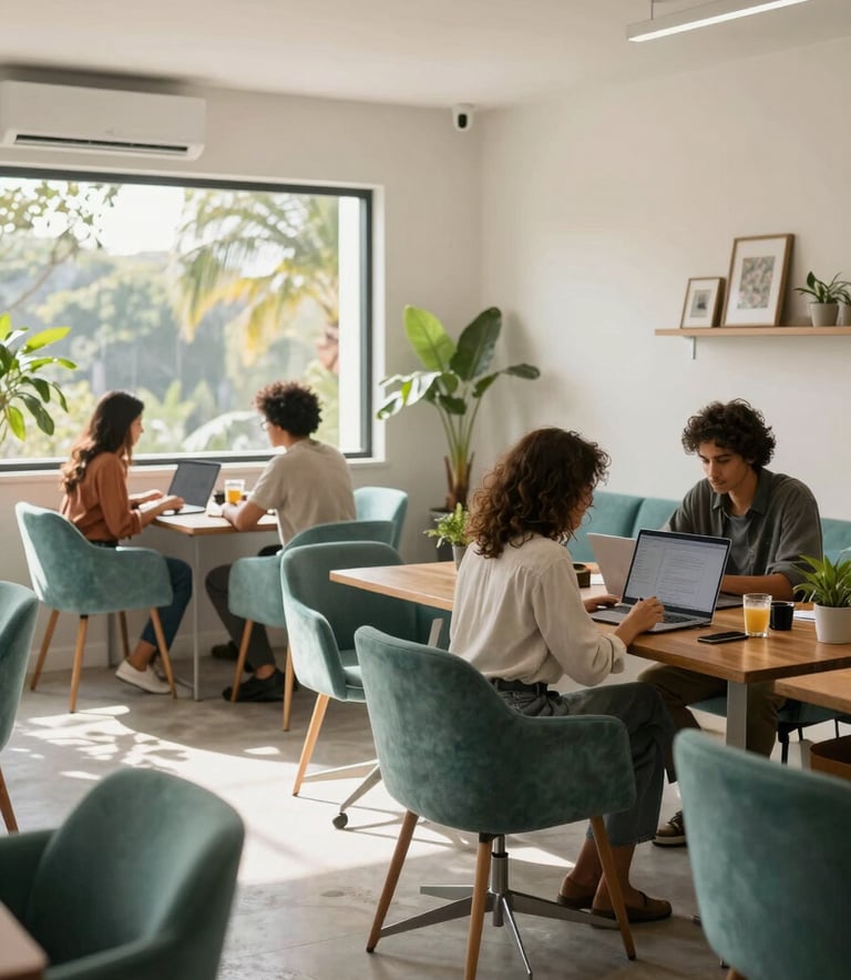A bright and airy South American / Brazilian coworking space with diverse professionals working, muted ocean teal furniture, natural morning light.