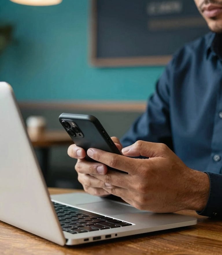 A close-up of a professional in a South American / Brazilian cafe holding a smartphone, with a laptop open on a wooden table. The lighting is bright and natural, reflecting a modern and efficient work lifestyle. The background features subtle teal and dark navy blue accents from the cafe's decor.