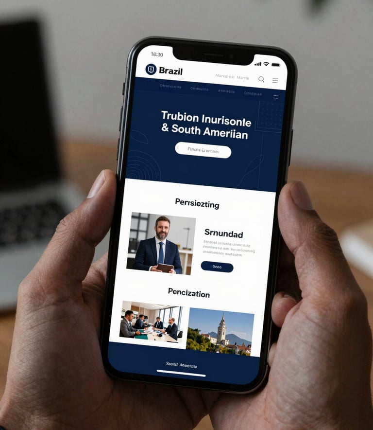 A close-up of a high-end smartphone screen displaying a sleek business landing page, held by a professional in a South American / Brazilian corporate environment, deep midnight blue accents.