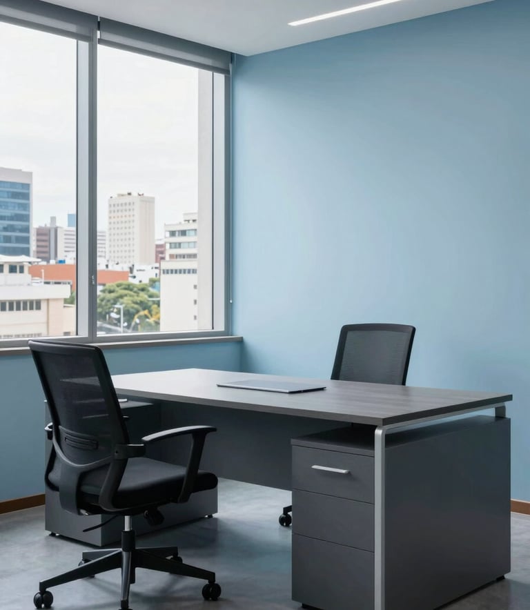 A modern South American / Brazilian office space with clean lines and minimalist furniture. Large windows show a hint of a vibrant city outside. The interior features a palette of soft light blue and dark slate grey, conveying professionalism and confidence.