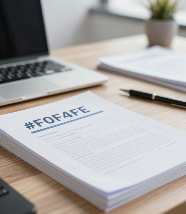 A bright and airy office space where professional documents are being neatly organized on a wooden desk, symbolizing efficient administrative support, using tones of #F0F4F8 and #8CA0B8.