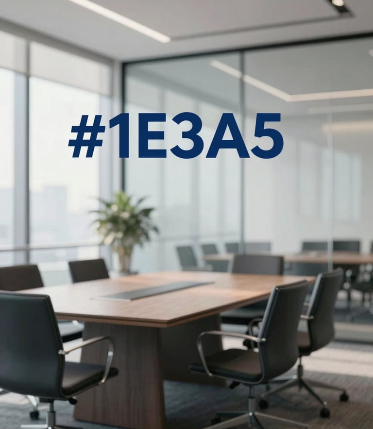 A sophisticated, modern corporate conference room with glass walls and minimalist furniture, bathed in soft morning light, incorporating the brand colors #1E3A5F and #F0F4F8 for a professional atmosphere.