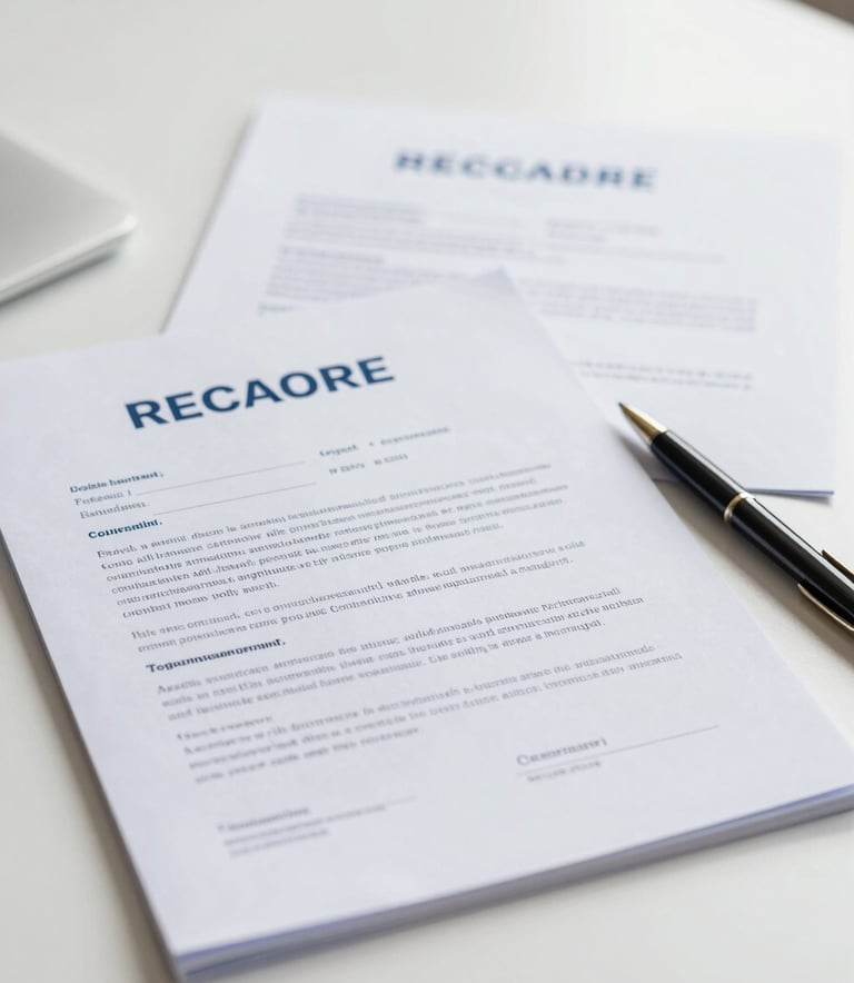 A close-up, high-quality image of organized real estate contracts and legal documents on a minimalist desk. A high-end pen sits on the papers. The color palette includes #8CA0B8 and #1E3A5F, conveying a sense of security, meticulousness, and administrative professionalism.
