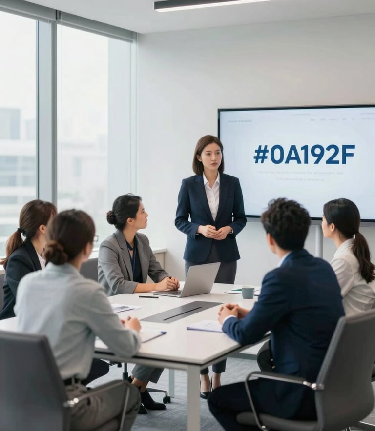 A professional and modern office meeting room with large windows, featuring a clean white table and comfortable chairs. The lighting is bright and natural. The scene includes subtle branding elements in deep blue (#0A192F) and professional staff in business attire engaged in a serious discussion, projecting trust and efficiency.