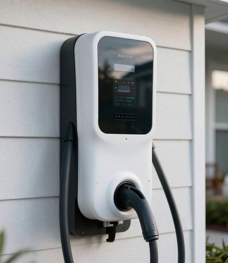 Close-up of a modern electric vehicle charging station neatly installed on a clean residential wall in a British Columbia neighborhood, reflecting premium craftsmanship.