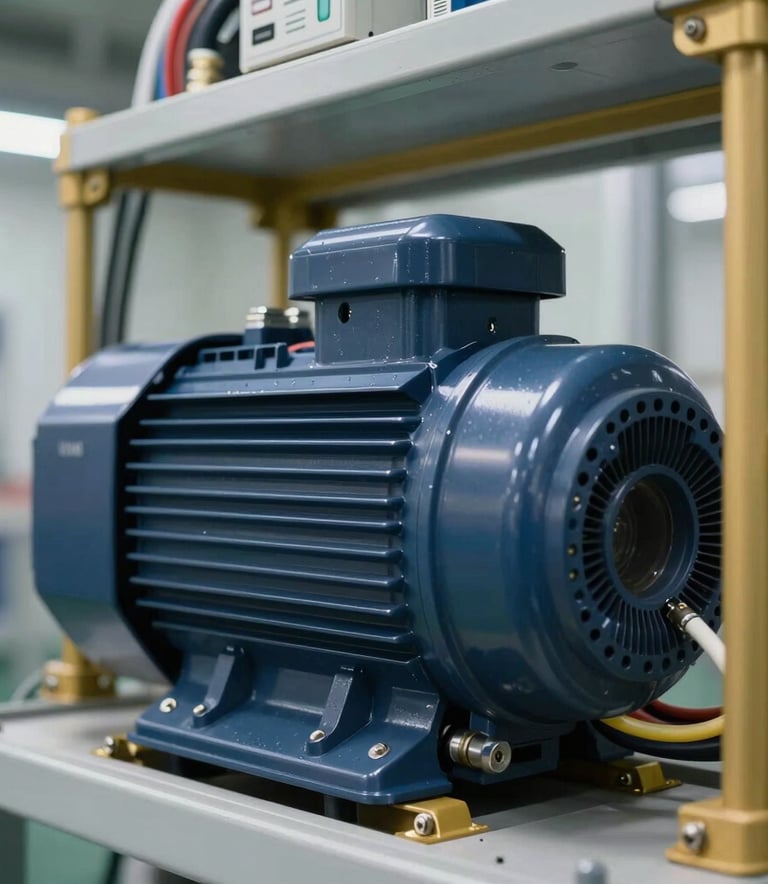 A close-up photograph of high-quality industrial electrical wiring and motor controls within a clean, modern facility in British Columbia. The lighting is crisp and professional, highlighting the precision of the installation with dark blue and gold accents in the environment.