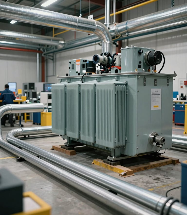 A wide shot of a professionally organized commercial electrical installation with metallic conduits and a large transformer in a modern industrial setting in North American / Canadian (British Columbia).