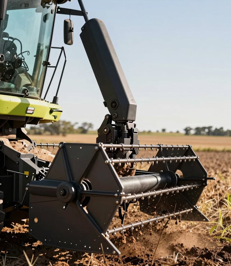 Close-up side profile of a modern harvesting machine component in action, sharp details of metal and soil, bright afternoon sun in a South American agricultural landscape.