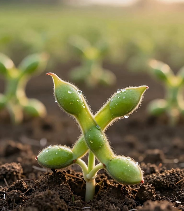 Detailed close-up shot of vibrant green soybean sprouts emerging from rich dark earth on a South American Brazilian farm, warm sunlight highlighting dew drops, modern sustainable agriculture style, soft focus background.