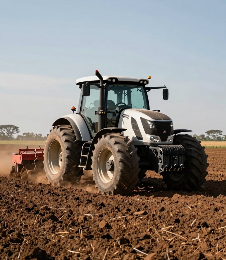 A powerful modern tractor plowing the earth in preparation for planting, South American Brazilian landscape, clear sky, professional agricultural photography, wide shot showing depth and efficiency.