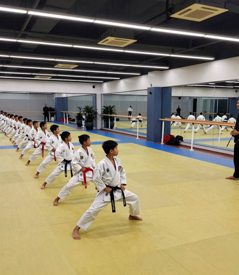 Wide shot of a bustling martial arts class in a premium South Asian academy. Students are lined up on yellow mats, following the lead of an instructor. The space is clean, modern, and features silver and dark blue hardware.