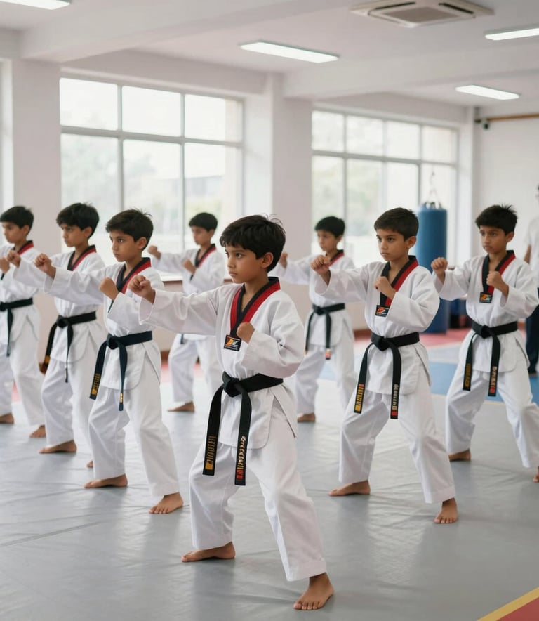 A group of South Asian children in white uniforms practicing Taekwondo punches in unison. They are in a bright, modern training hall in Delhi with large windows. A professional instructor stands in the background. The lighting is bright and sporty.