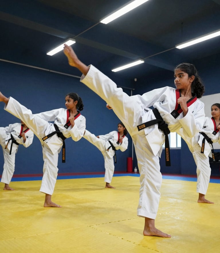 Dynamic low-angle action shot of South Asian students in a modern Delhi dojang, practicing synchronized Taekwondo kicks. The room has high ceilings, dark blue walls, and premium yellow floor mats. Bright, energetic sports photography style.