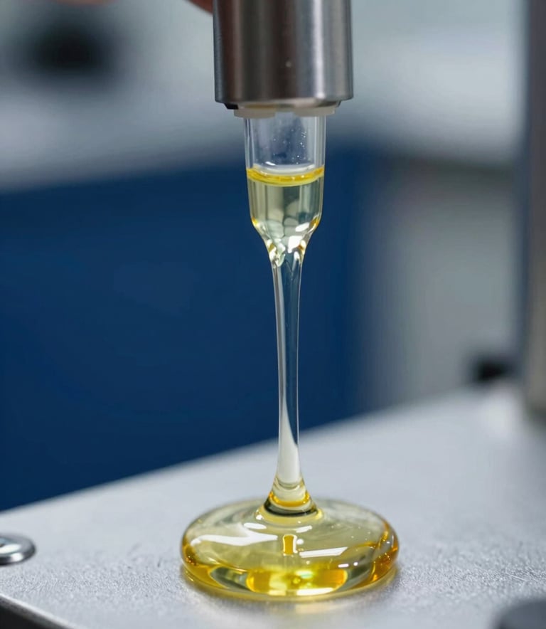Fotografía macro de ultra alta resolución que captura el análisis de viscosidad de un lubricante 