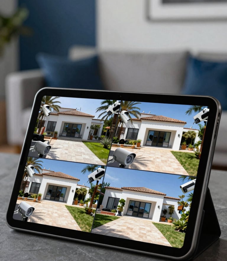 A close-up of a tablet screen displaying high-definition live feeds from security cameras monitoring a contemporary villa in the Spanish / Iberian Peninsula. The background shows a soft-focus modern living room with deep blue and light grey accents.
