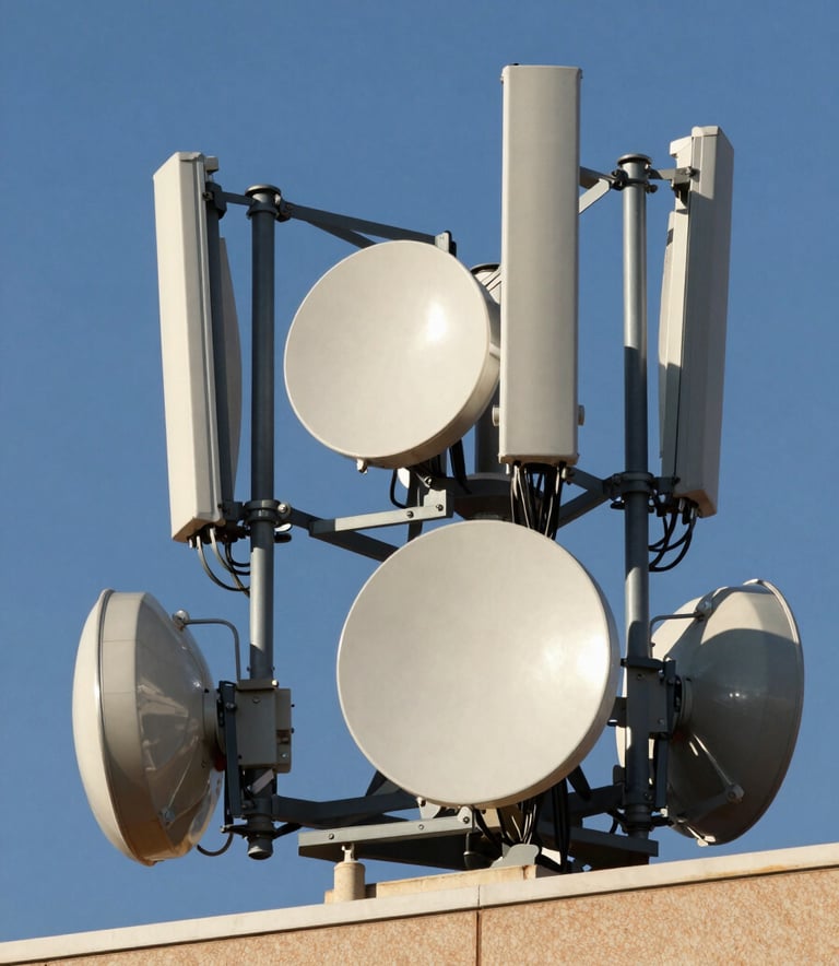 Close-up of a high-tech telecommunications antenna array installed on a modern building roof against a clear blue sky in Spain. The lighting is crisp, highlighting the sleek metallic surfaces and professional installation.