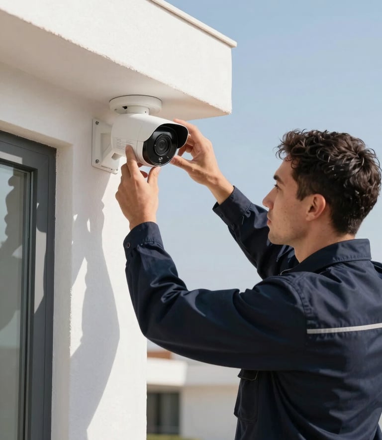 A professional technician in a clean dark navy uniform installing a modern high-definition security camera on the exterior of a contemporary Spanish home. Bright daylight, clear composition, emphasizing technical precision and reliability.