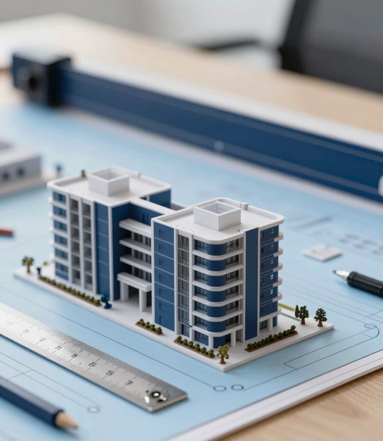 A close-up of a high-end architectural model and a technical ruler on a desk, soft professional lighting, incorporating the brand colors of dark blue #1A2C3D and light blue #A0BCCB in the background materials.