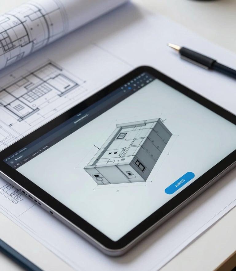 A close-up of high-precision architectural blueprints and a digital tablet showing a 3D model, organized on a clean desk. The lighting is crisp and professional, emphasizing detail and precision, incorporating brand colors #1A2C3D and #A0BCCB in the digital interface and drafting tools.