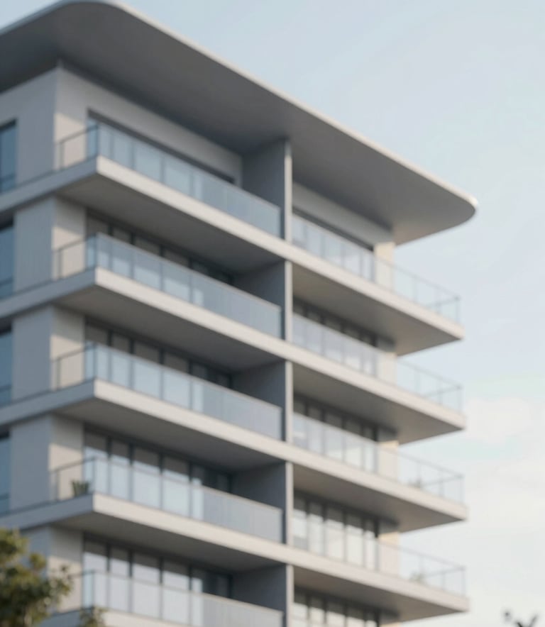 A modern, high-end apartment complex with clean lines and large glass balconies under a bright sky. The photography style is architectural and sophisticated, utilizing the brand palette's #4C6A7F and #F8F8F4 to convey trust and reliability.