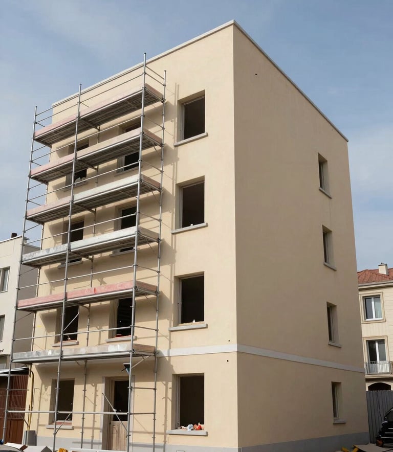 A wide-angle shot of a residential building undergoing facade renovation (ravalement) in a European / French town. Scaffolding is visible but neat. The building features clean lines and is being painted in a warm Beige. The atmosphere is professional and organized, with a clear Light Steel Blue sky.