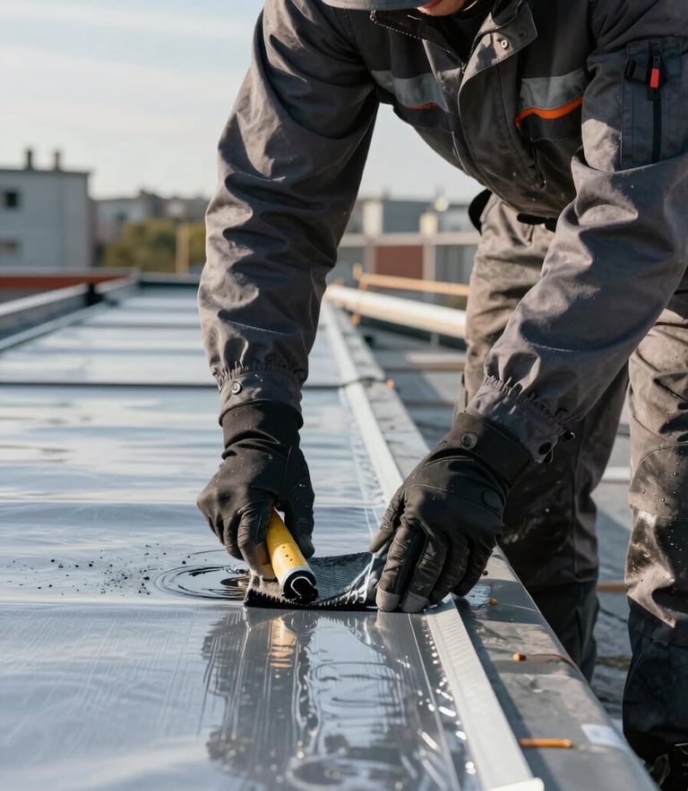 A close-up photograph of a professional worker in protective gear carefully applying a waterproof seal to a rooftop. The setting is a modern construction site in a European / French urban environment. The lighting is bright daylight, highlighting the texture of the materials. Colors include Dark Slate Grey for the worker's uniform and Light Steel Blue in the background sky.