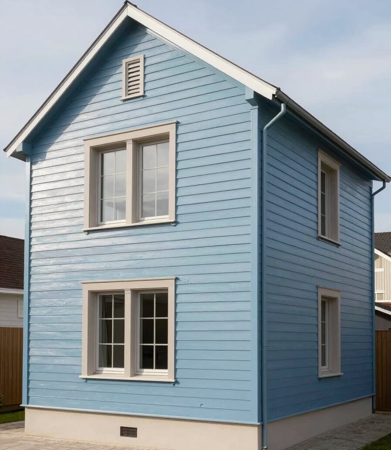 A wide shot of a modern European / French house with newly installed siding and fresh painting. The property looks clean and well-maintained. The color palette includes light steel blue and beige accents.