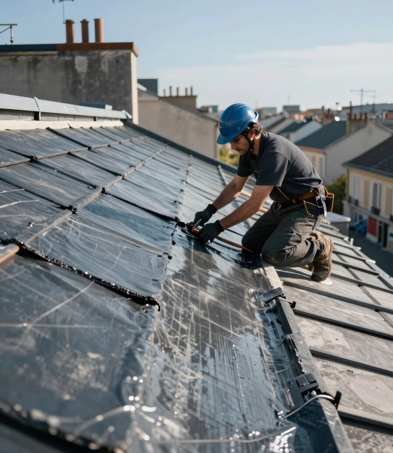 A close-up of professional roofing work being performed on a flat roof in a European / French urban setting. Detailed shot of waterproofing membranes being applied. The scene features tones of dark slate grey and cadet blue under a clear sky.