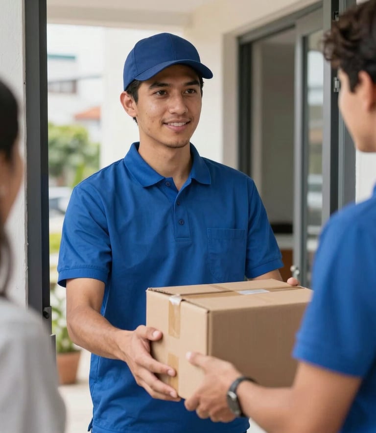 A close-up photograph of a professional delivery person in a clean uniform handing a cardboard package to a customer at a modern apartment doorway in a South American city. Natural daylight, shallow depth of field, high-quality professional photography.