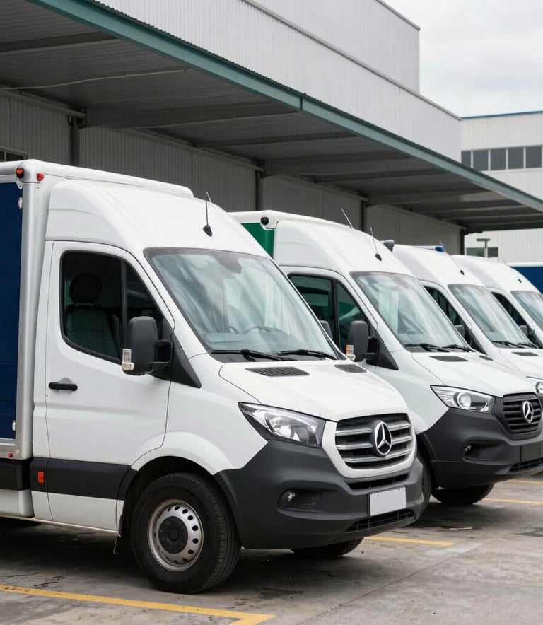 A line of professional, white delivery vans parked in an organized row at a modern logistics center in a South American urban hub, clean composition, bright daylight, with accents of deep navy blue and muted green on the side of the vehicles.