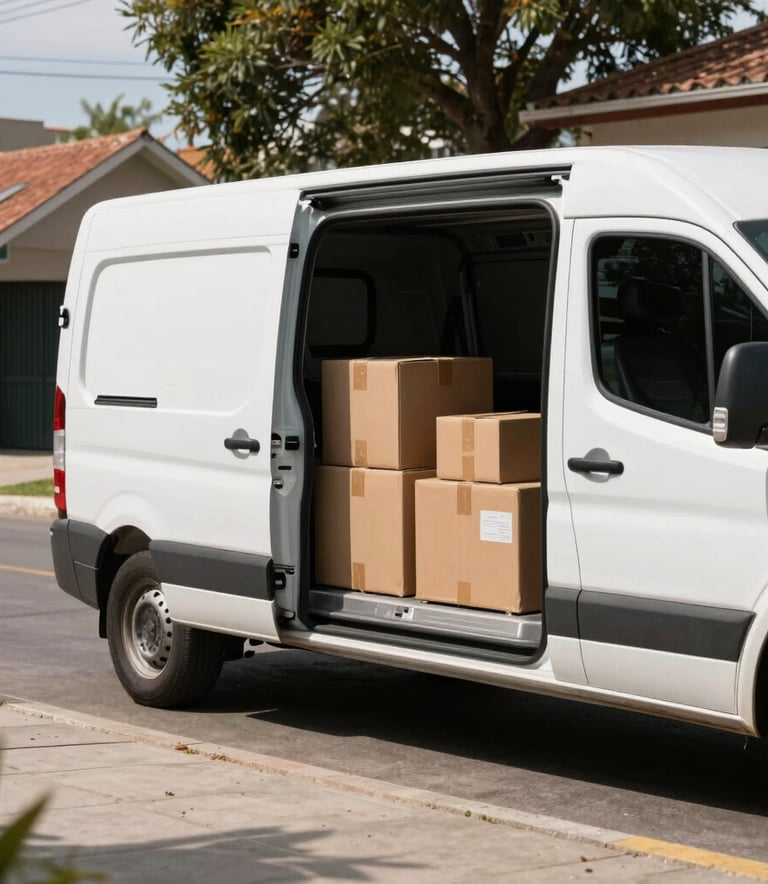 A clean, white modern delivery van parked on a paved South American suburban street, with the back doors open revealing organized packages. The lighting is bright and professional, projecting reliability.