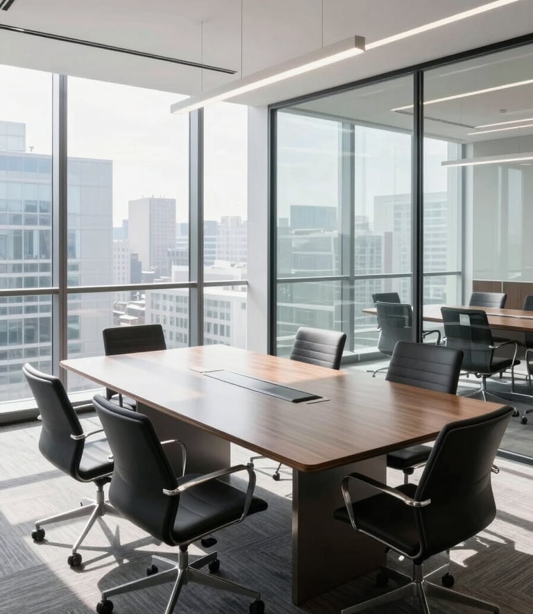 A high-angle professional shot of a clean, modern North American corporate board room with glass walls and minimalist furniture, bright natural daylight reflecting off polished surfaces.