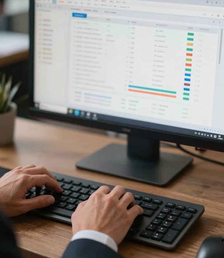 A close-up of a professional in business attire in a North American setting, hands on a sleek keyboard, focused on a high-end monitor displaying a clean data dashboard.