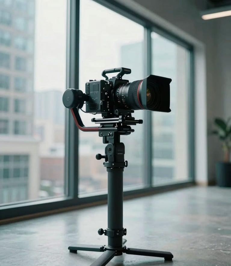 A high-end cinema camera on a professional stabilizer, positioned in a modern North American / US urban loft with large windows. The lighting is sophisticated, with deep ocean teal shadows and mist white highlights.