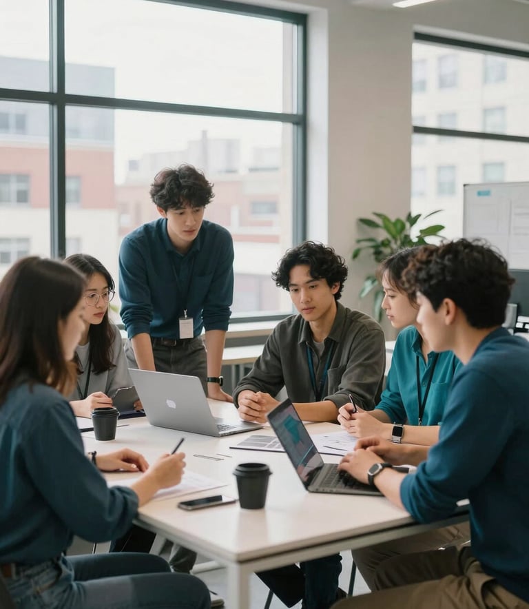 A collaborative creative agency workspace in a bright North American / US city loft. Young professionals are gathered around a table with mist white and deep ocean teal accents, brainstorming ideas for a new marketing campaign.
