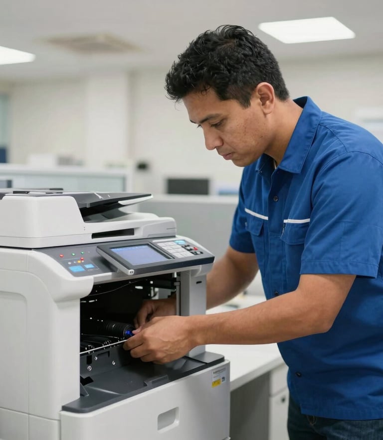A professional Latin American service engineer in a neat blue uniform inspecting the interior of a large office copier, bright indoor lighting, modern professional setting.