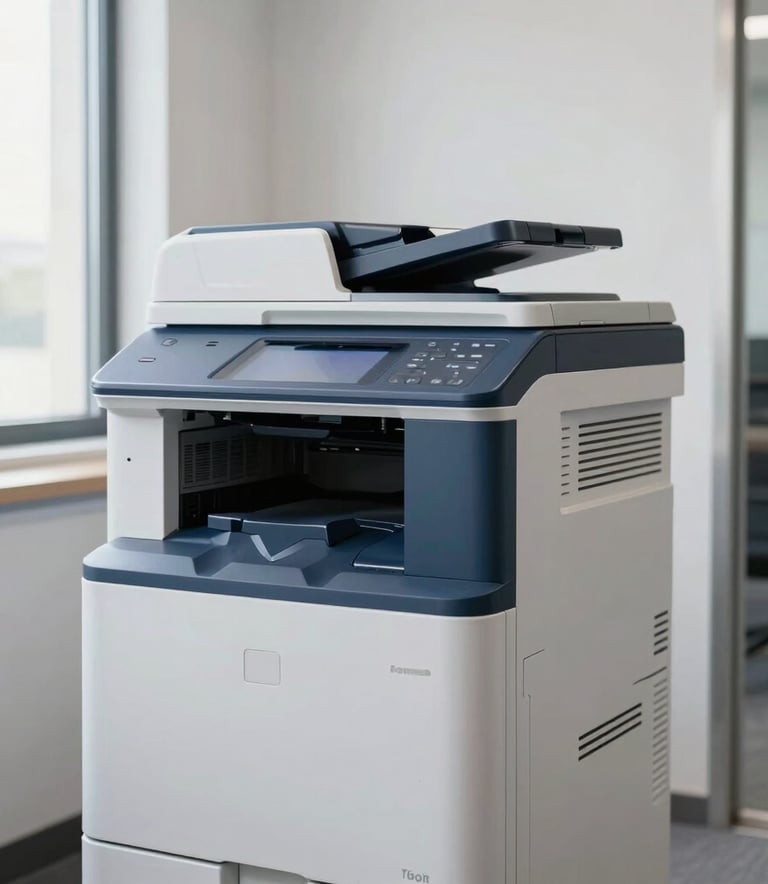 A bright and professional Latin American corporate office interior with a sleek, high-end multifunctional printer as the focus, clean lines, professional business setting, soft daylight coming from windows, palette includes steel blue and pale grayish white.