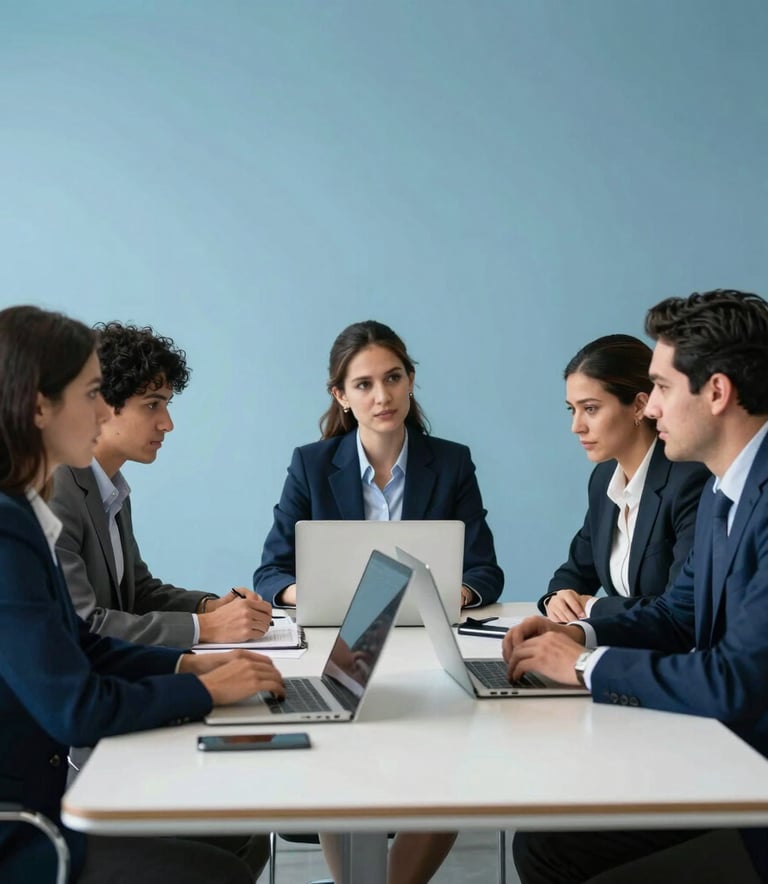 A sophisticated Latin American business environment showing a collaborative meeting room with modern office technology, focus on efficiency and clean design, palette featuring dark navy blue and soft azure blue.