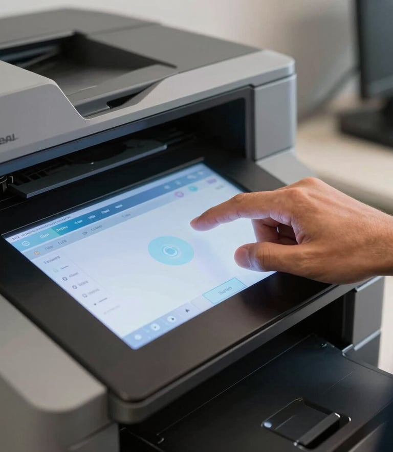 A detailed close-up of a person's hand interacting with a modern high-tech digital touch screen on a professional multifunctional printer, soft light blue glow, Latin American / Spanish-speaking office environment.
