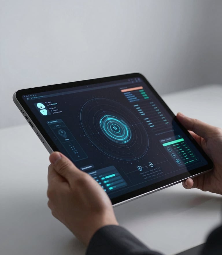 An elegant, close-up shot of a high-tech tablet reflecting a glowing data visualization on its screen, held by a professional in a modern North American / US creative studio. Soft pearl grey lighting and deep graphite shadows dominate the frame.