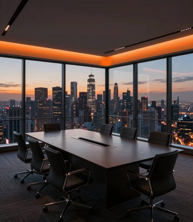 A high-angle, wide-angle shot of a sleek, minimalist North American / US corporate boardroom with a floor-to-ceiling view of a glowing city skyline at dusk. The room features dark charcoal surfaces and vibrant orange accent lighting. The mood is sophisticated and futuristic.
